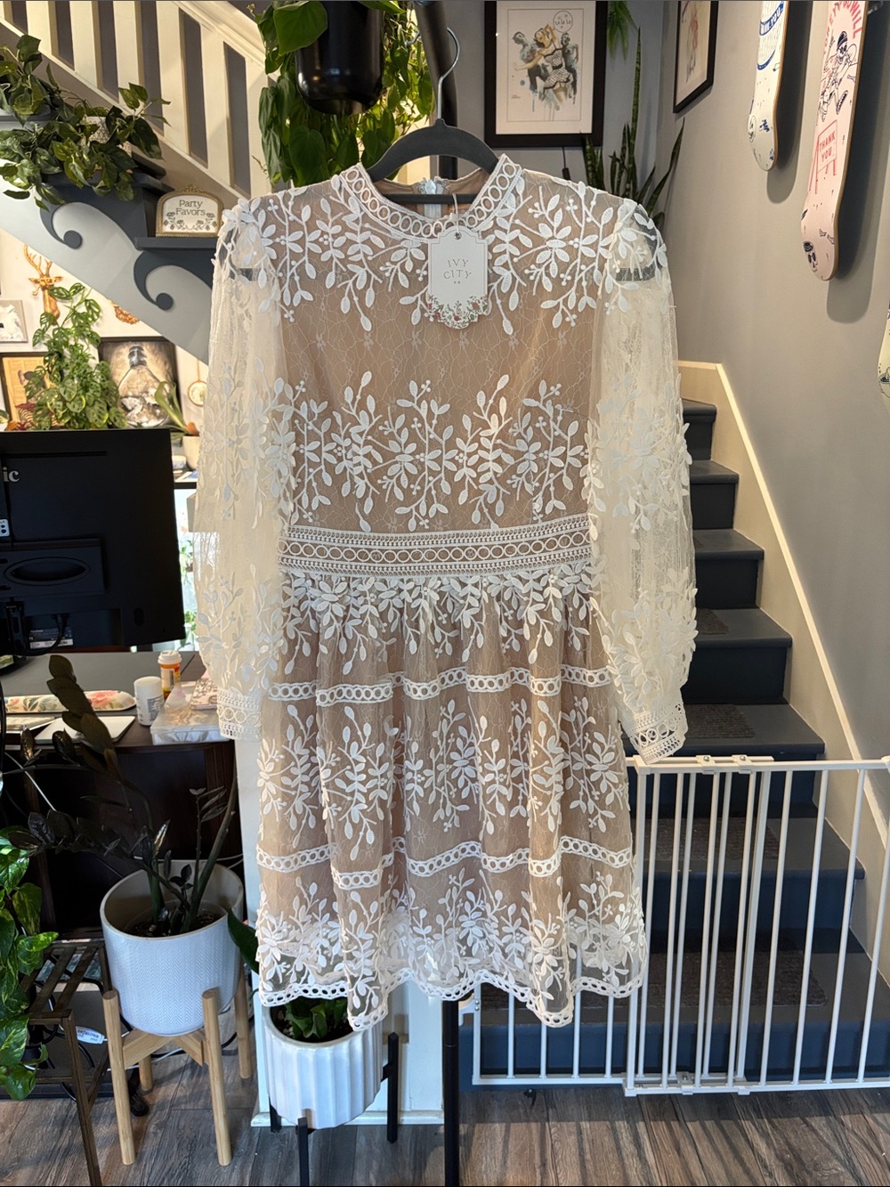 Ivory Floral Lace Long-Sleeve Embroidered Midi Dress
